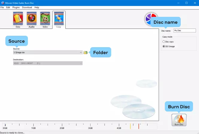 Movavi Video Suite ISO burner dashboard