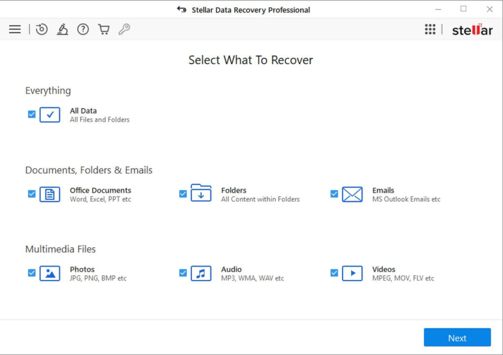 Photo displays the dashboard of the Stellar Password Recovery software.