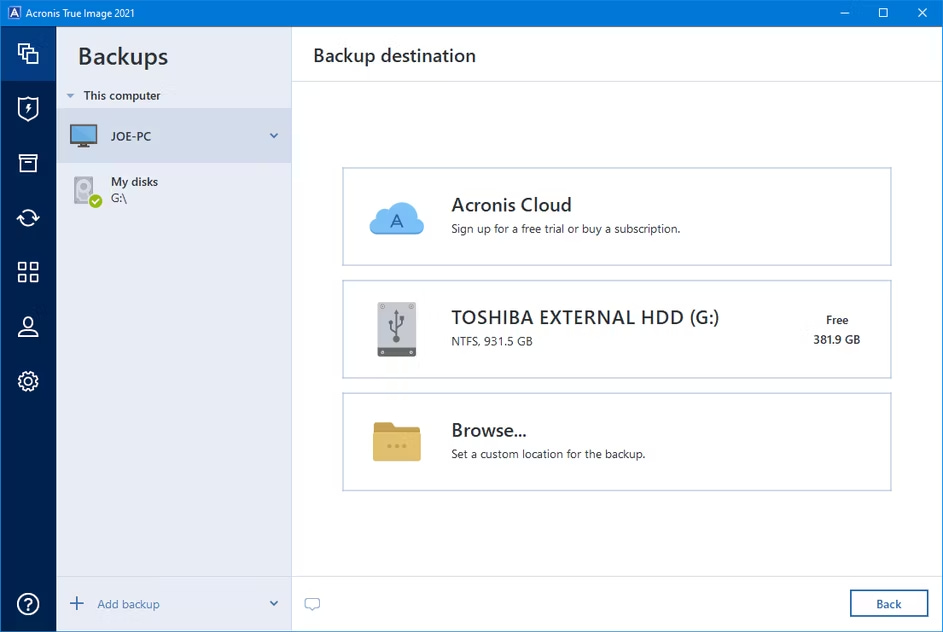 Acronis backup destination