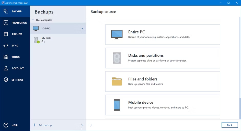 Acronis backup page