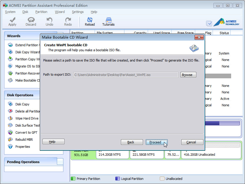 AOMEI Partition Assistant dashboard showing the wipe options