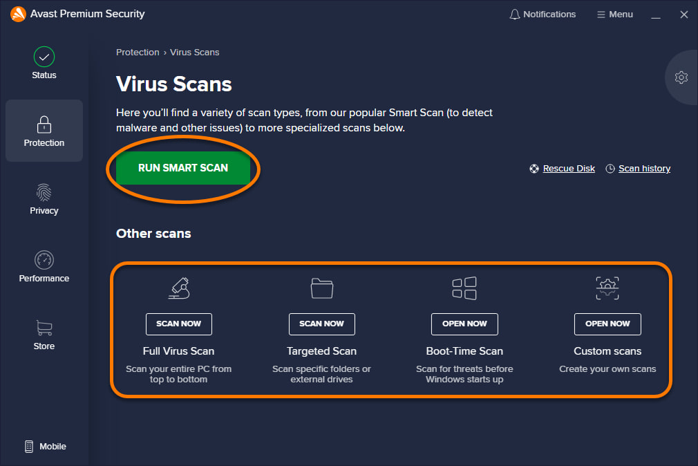 Avast anti-malware scan display page