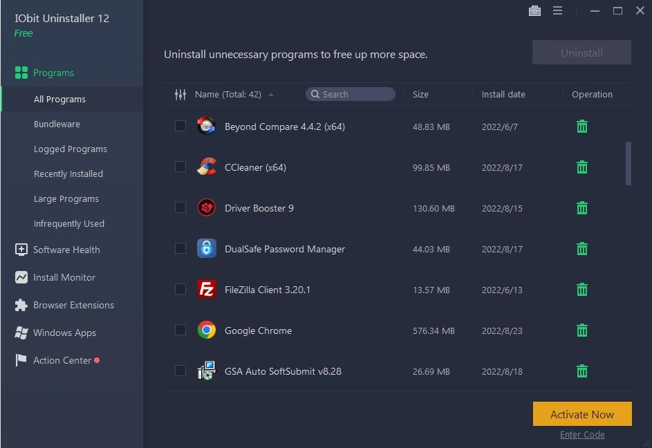 IObit Uninstaller dashboard