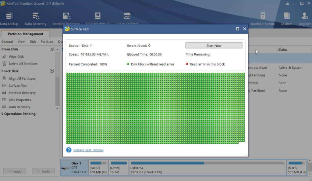 Image displays disk surface test on Partition Wizard dashboard