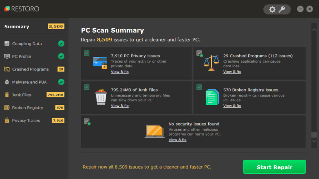 Restoro PC repair summary page