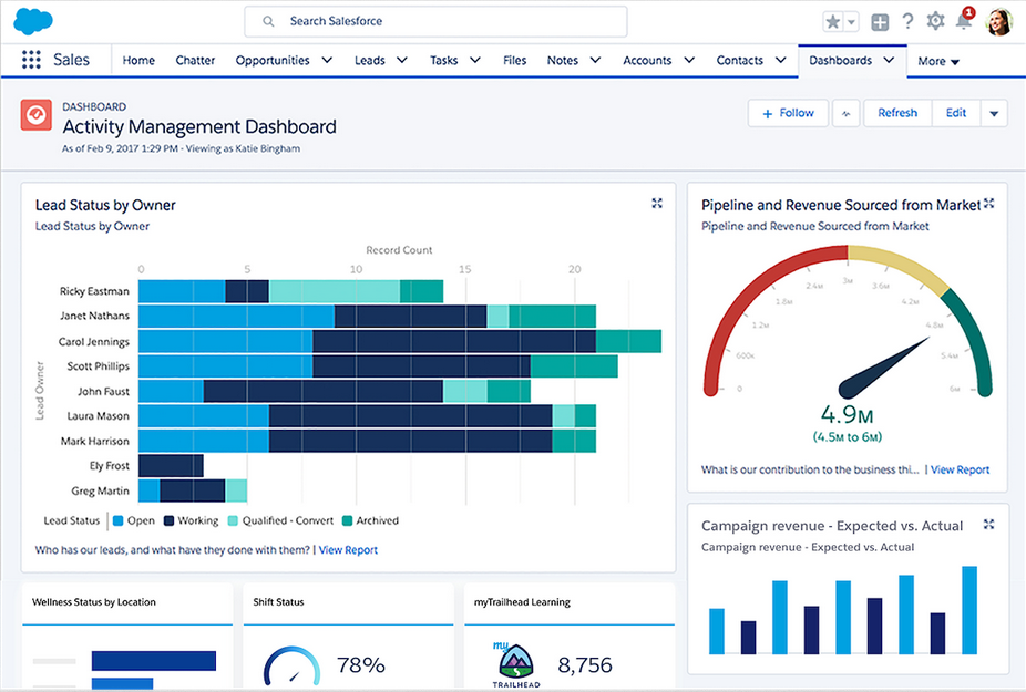 salesforce crm for developers activity management dashboard