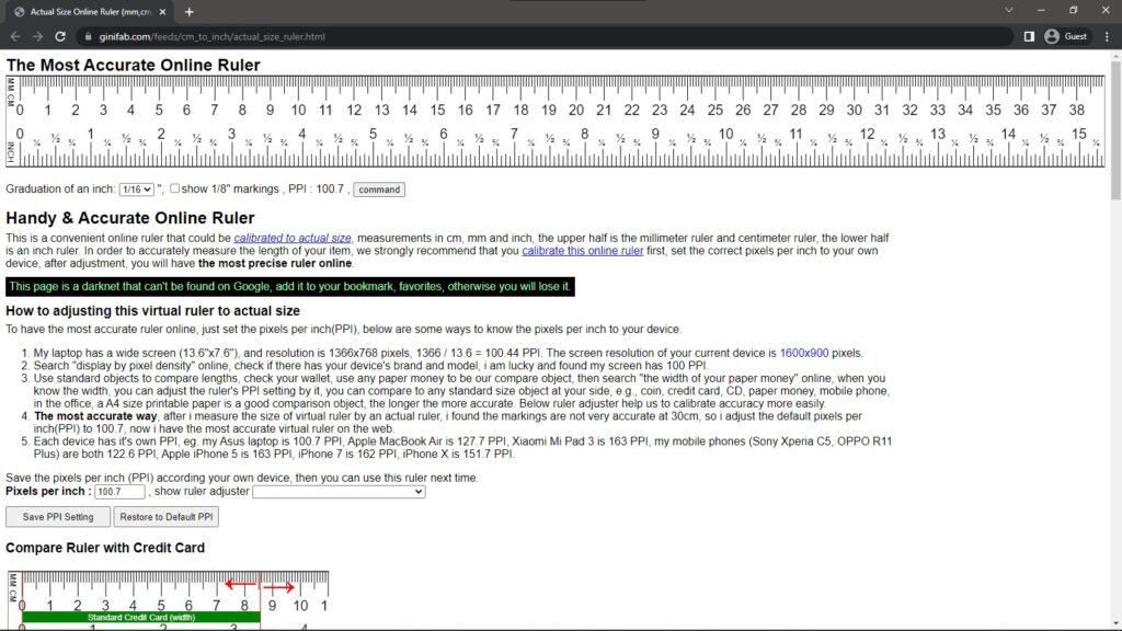 Online Ruler measuring the actual sizes of an object