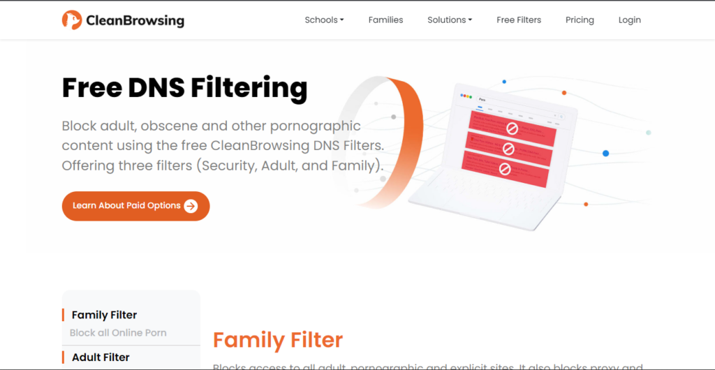 homepage of cleanbrowsing showing it blocks adult content using filters